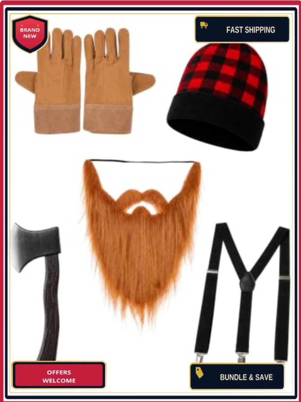 Lumberjack Costume Accessories Set Plaid Beanie Faux Beard Suspenders Gloves